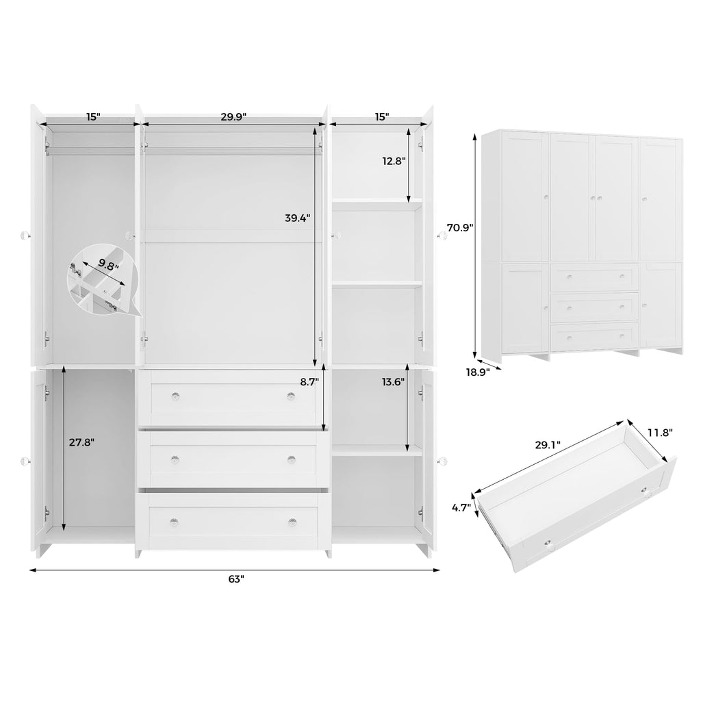 71" Armoire Wardrobe Closet with Drawers and Mirror F1631
