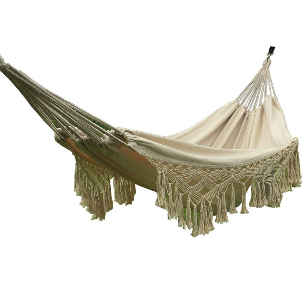Cotton Woven Hammock Hanging Rope Chair with Crochet Fringe Natural White P36551