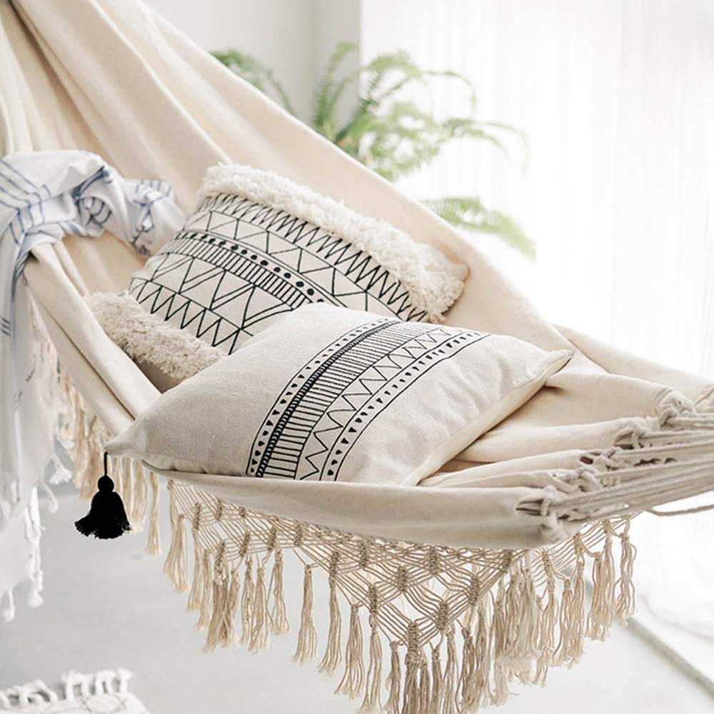 Cotton Woven Hammock Hanging Rope Chair with Crochet Fringe Natural White P36551