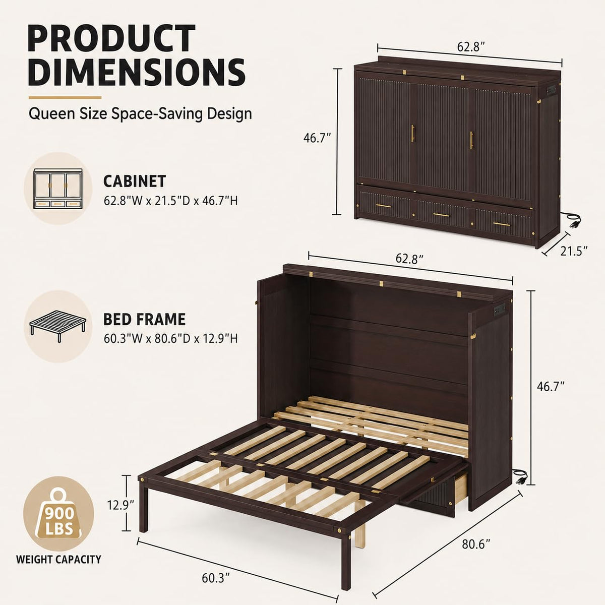Queen Size Murphy Bed Cabinet with Charging Station and 3 Storage Drawers D584662