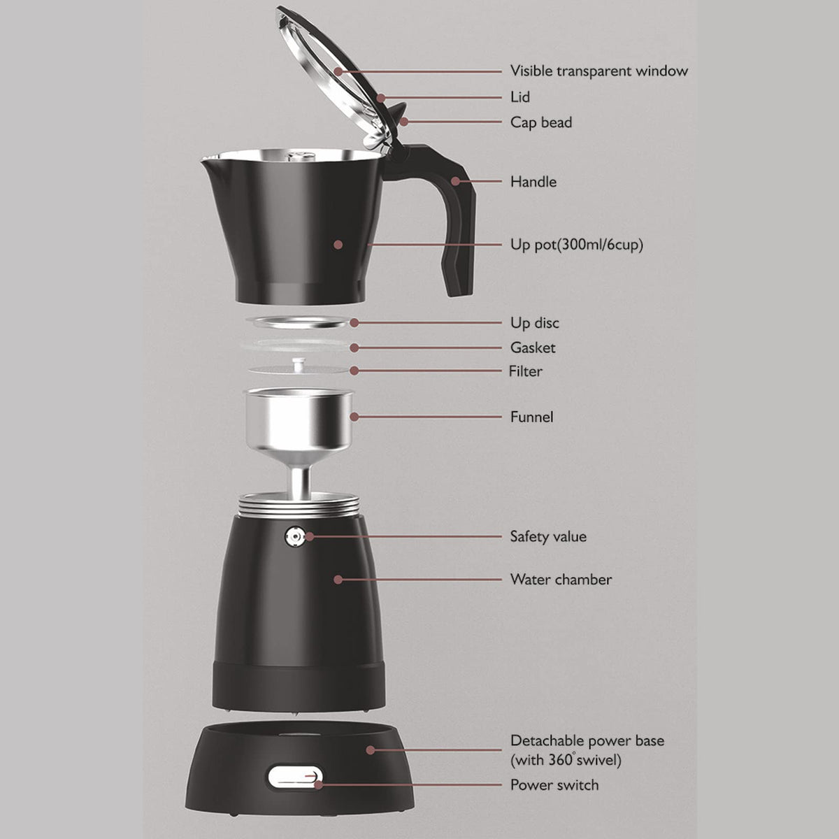 300ML 6 Cup Electric Mocha Pot Coffee Maker I8970