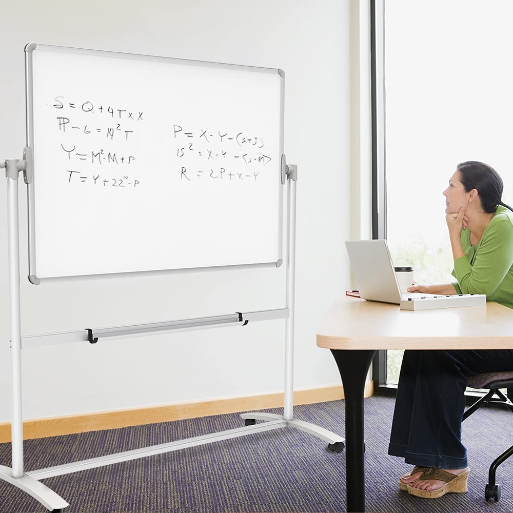 Double-Sided Magnetic Mobile Whiteboard on Wheels, 48 x 36 Inches Y9603
