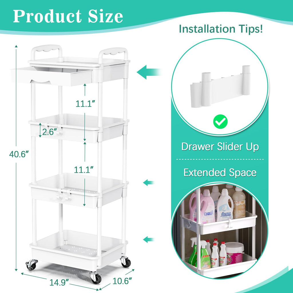 4 Tier Rolling Cart with Drawer, White D273