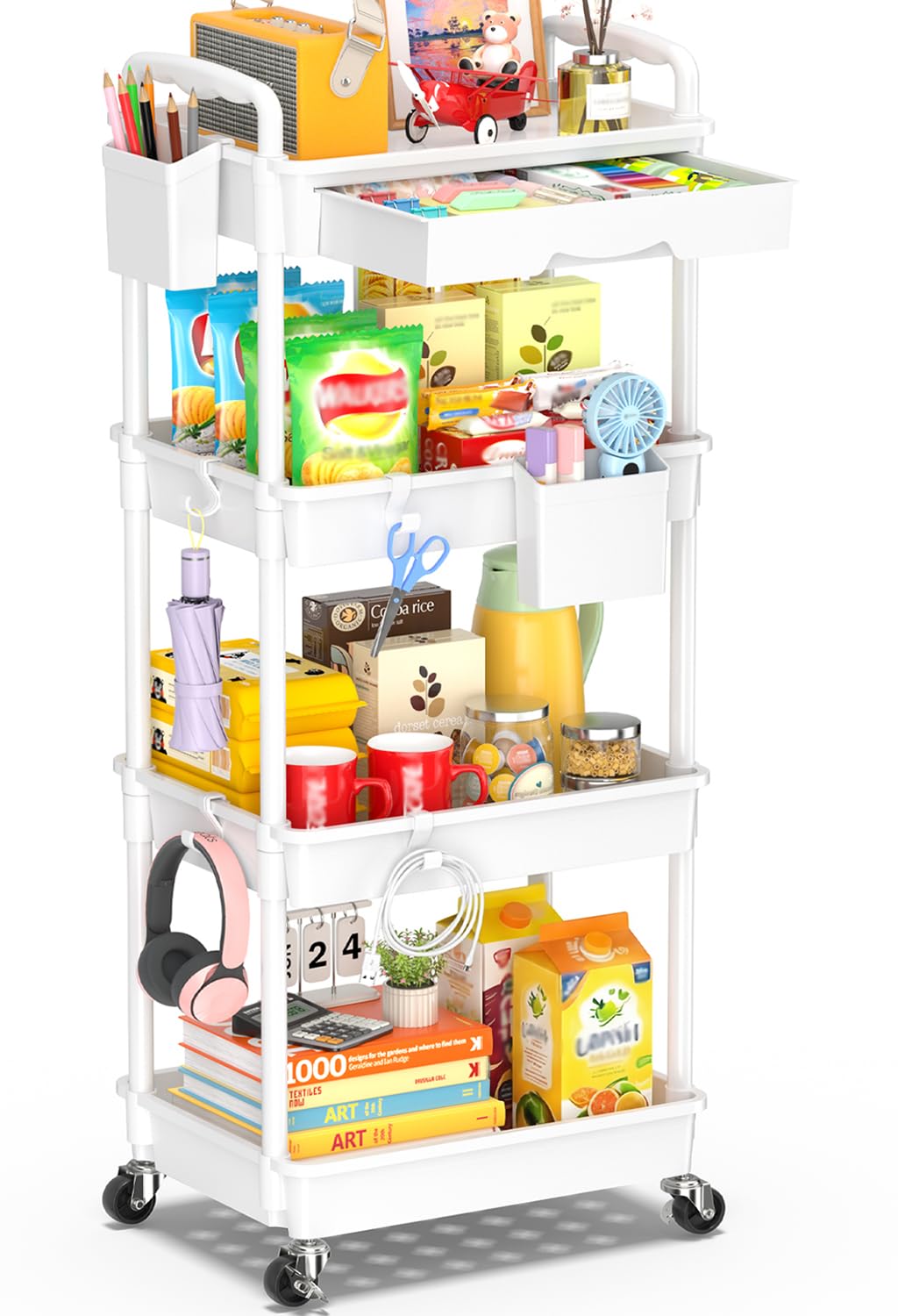 4 Tier Rolling Cart with Drawer, White D273
