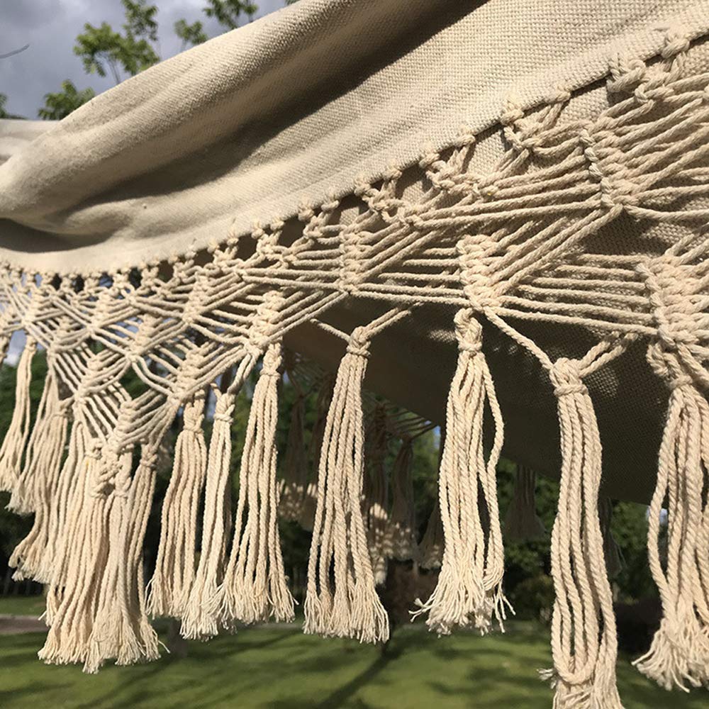 Cotton Woven Hammock Hanging Rope Chair with Crochet Fringe Natural White P36551