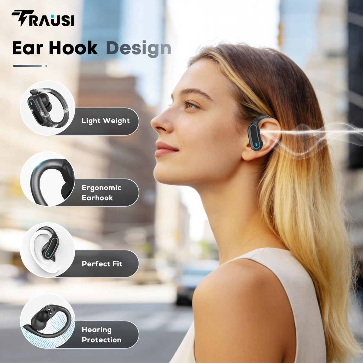 Black Wireless Earbuds with Earhooks E743