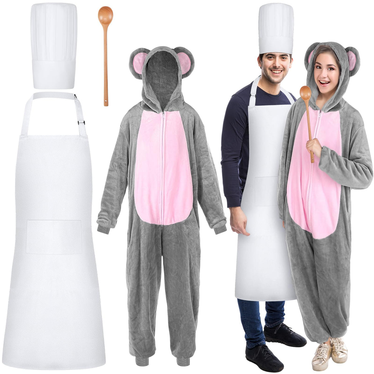4 Pcs Gray Mouse Chef Costume Set with Hat Apron Spoon K1792