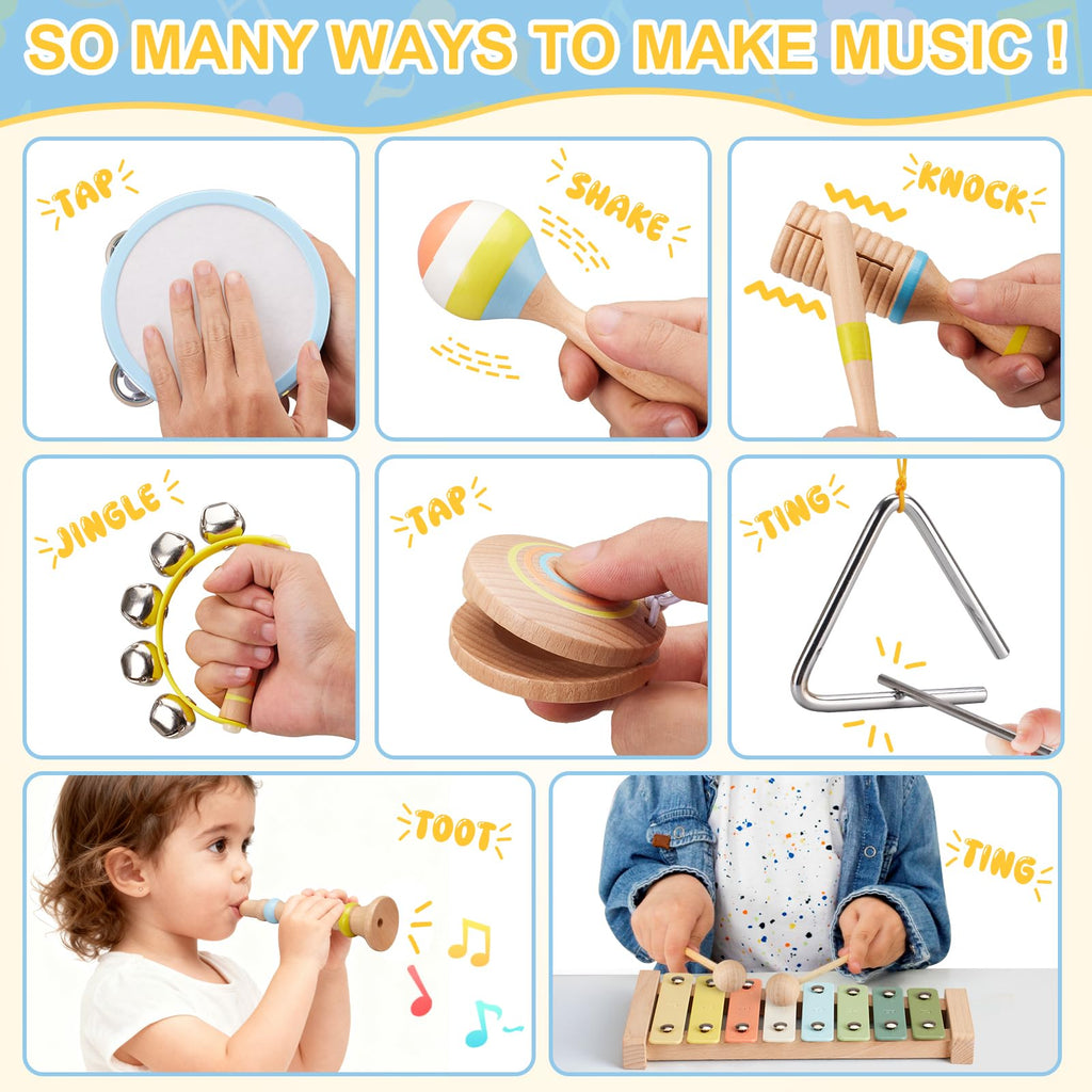 Wooden Percussion Music Kit with Drum, Xylophone, Storage Bag T133099