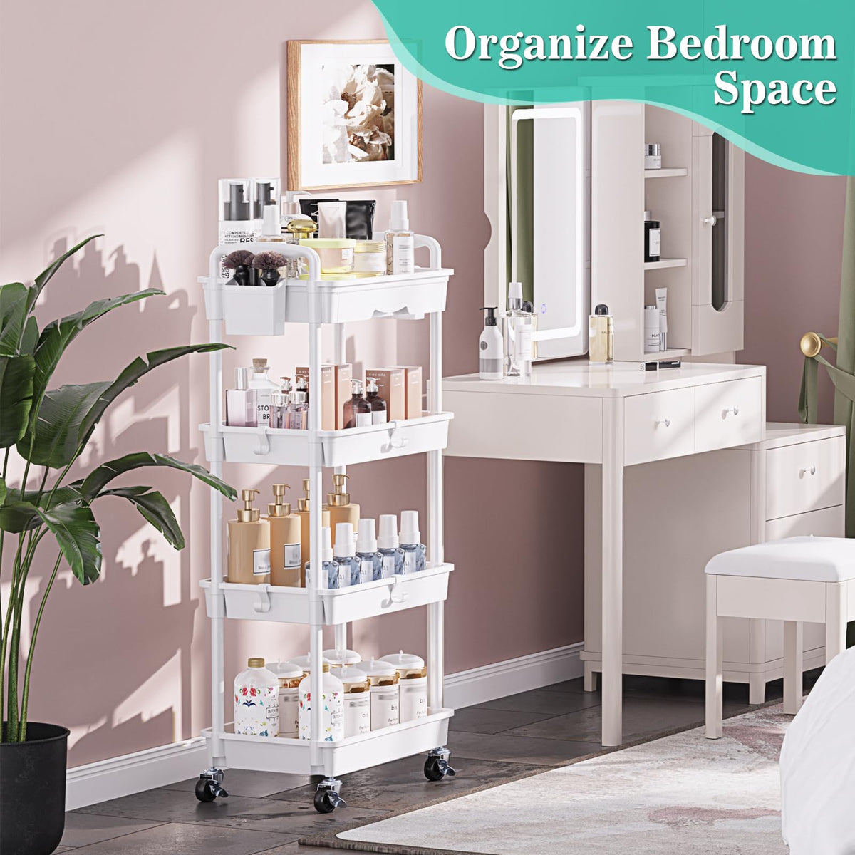 4 Tier Rolling Cart with Drawer, White D273