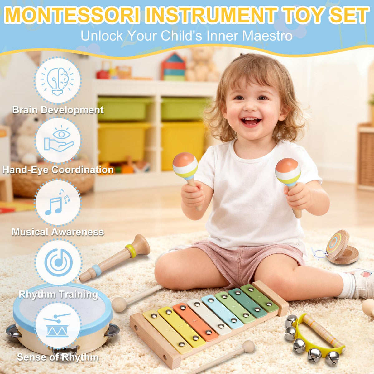 Wooden Percussion Music Kit with Drum, Xylophone, Storage Bag T133099