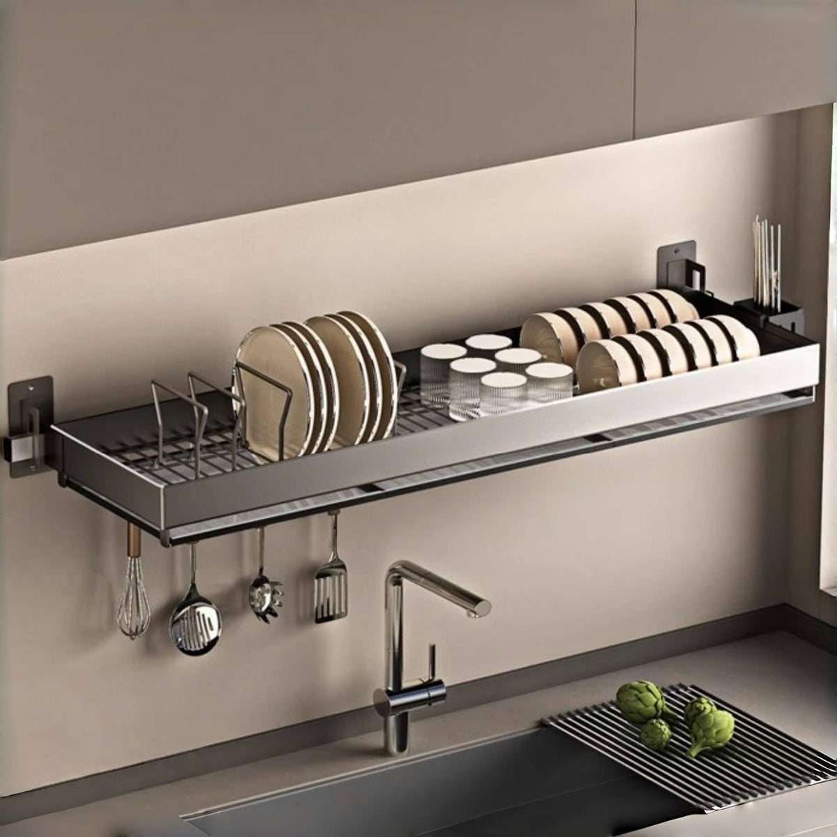 Wall-Mounted Stainless Steel Dish Drying Rack with Cutlery Holder V6862