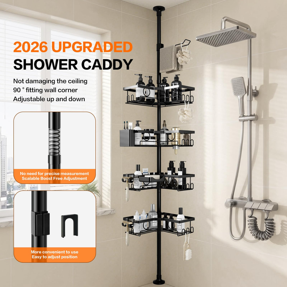 Black 4-Tier Adjustable Corner Shower Caddy D846