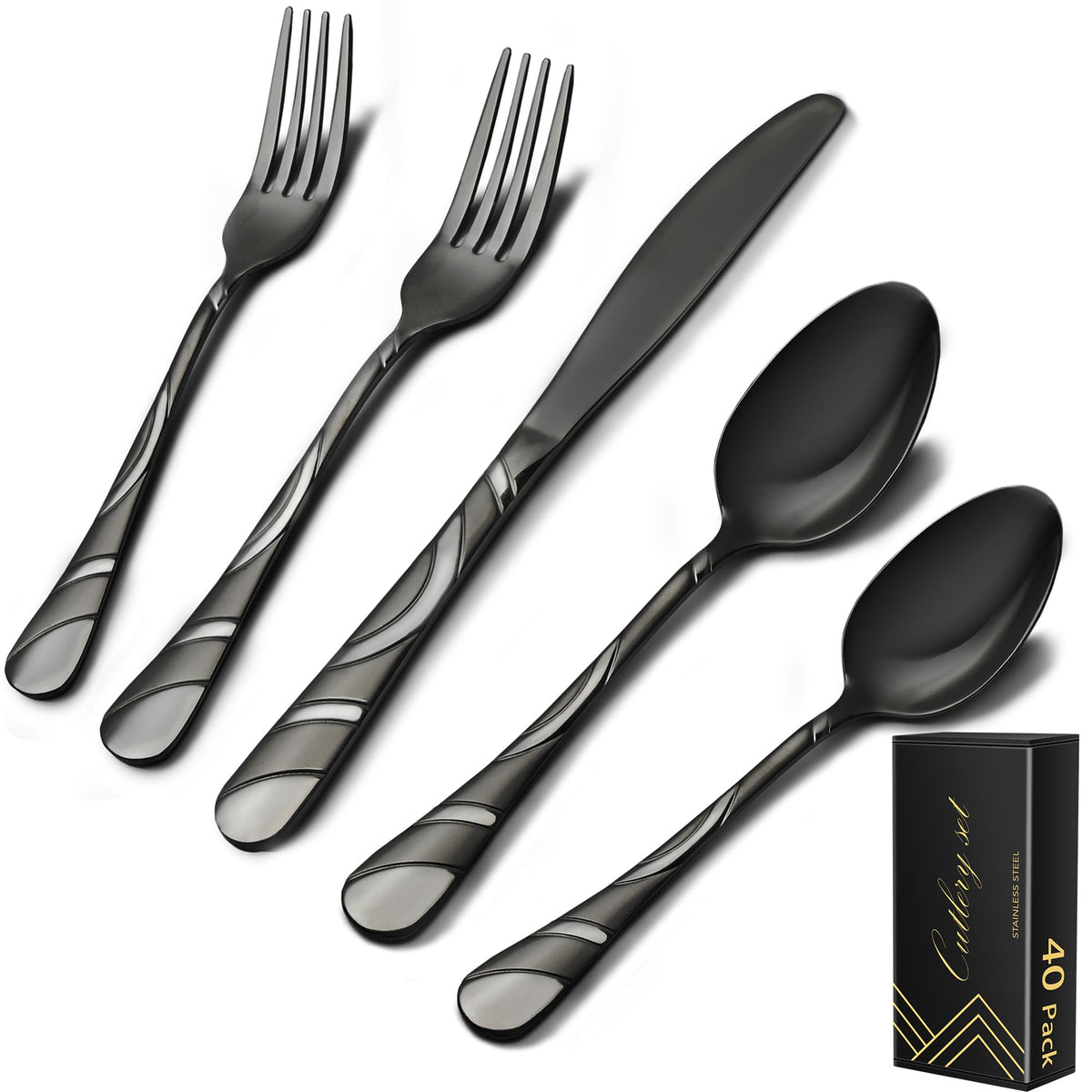 Black 40-Piece 18/0 Stainless Steel Silverware Set U236578