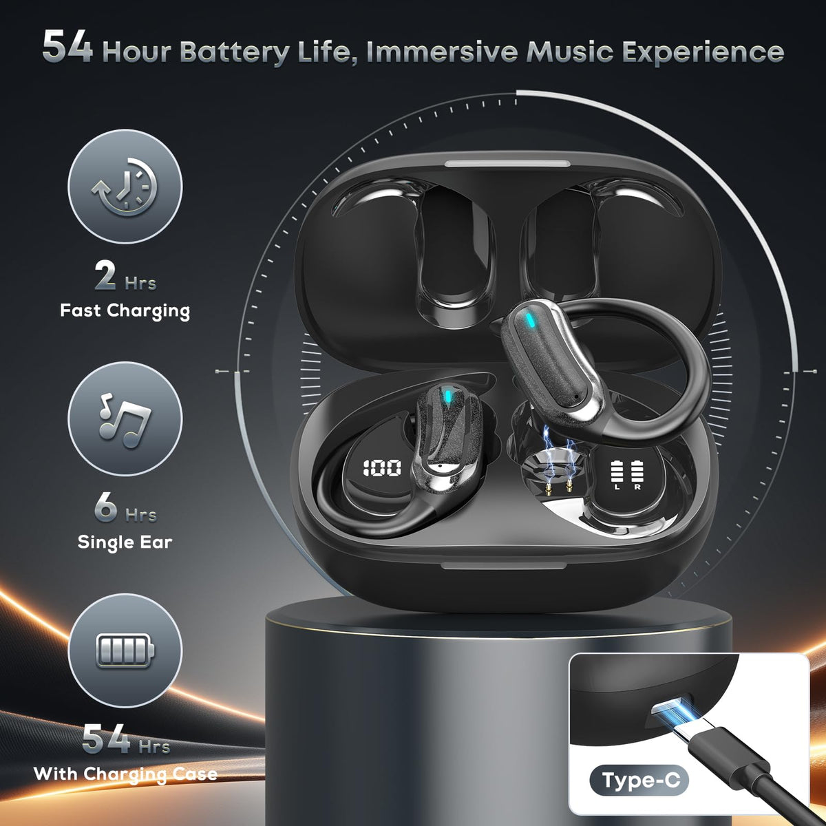 Black Wireless Earbuds with Earhooks E743