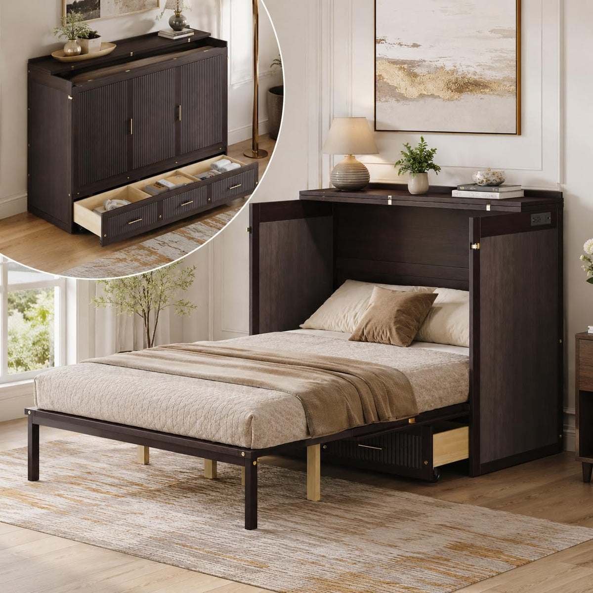 Queen Size Murphy Bed Cabinet with Charging Station and 3 Storage Drawers D584662