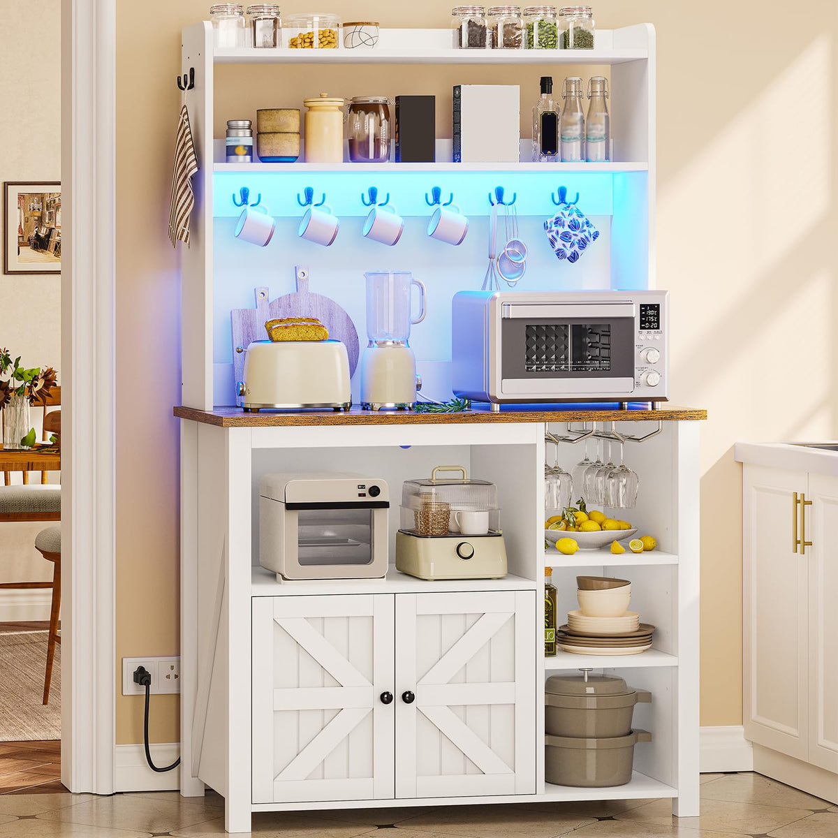 35.4 inch White Bakers Rack with Power Outlet and Storage D28717