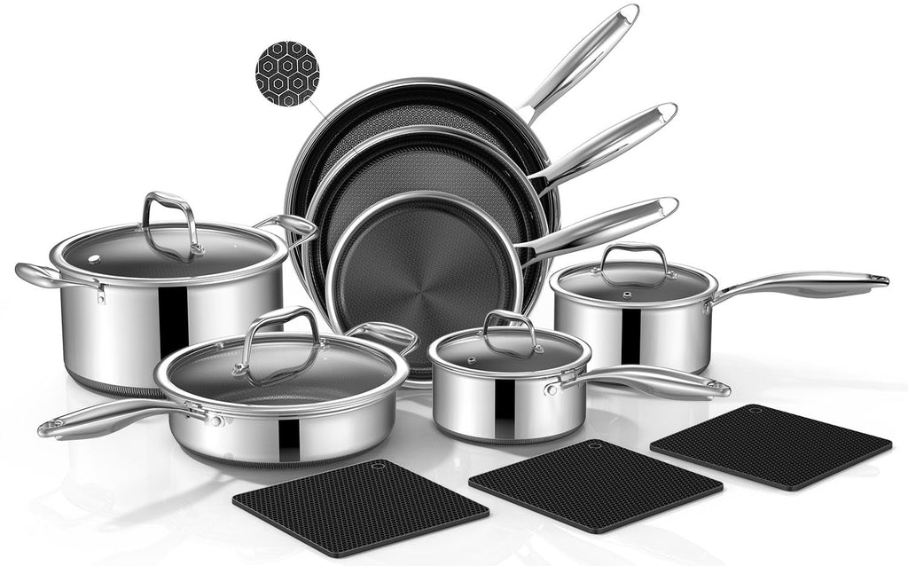 14-Piece Stainless Steel Cookware Set with 3 Silicone Trivets V4371