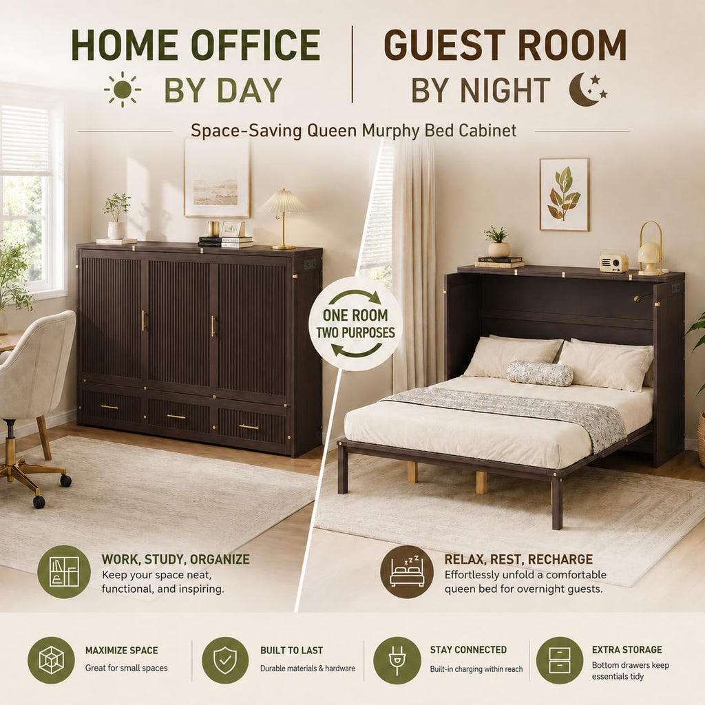 Queen Size Murphy Bed Cabinet with Charging Station and 3 Storage Drawers D584662