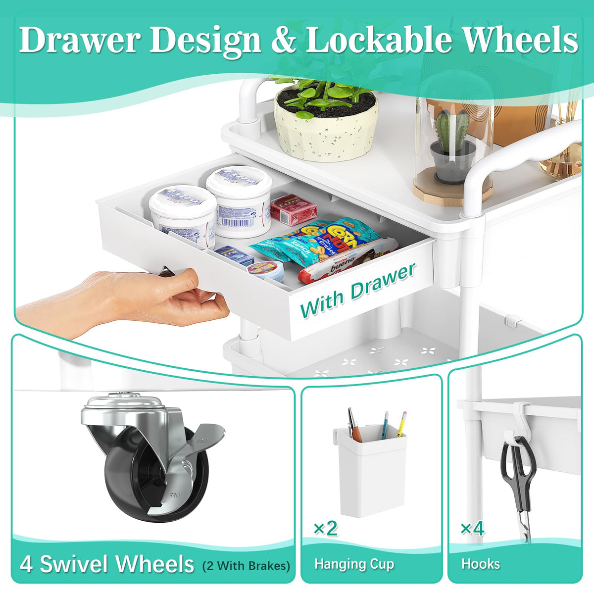 4 Tier Rolling Cart with Drawer, White D273