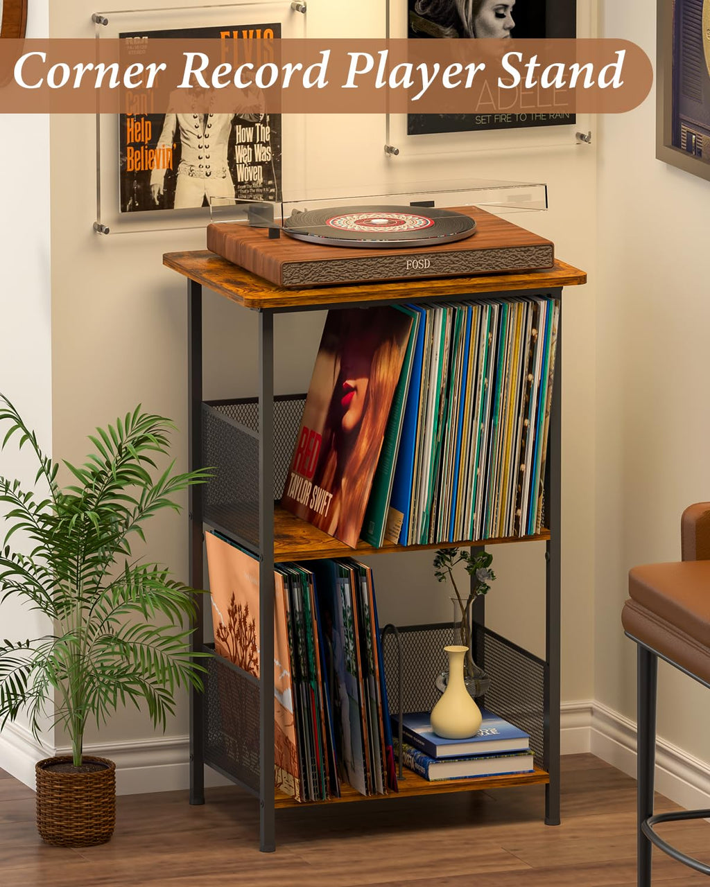 3 Tier Wooden Vinyl Record Storage Turntable Stand Q768475