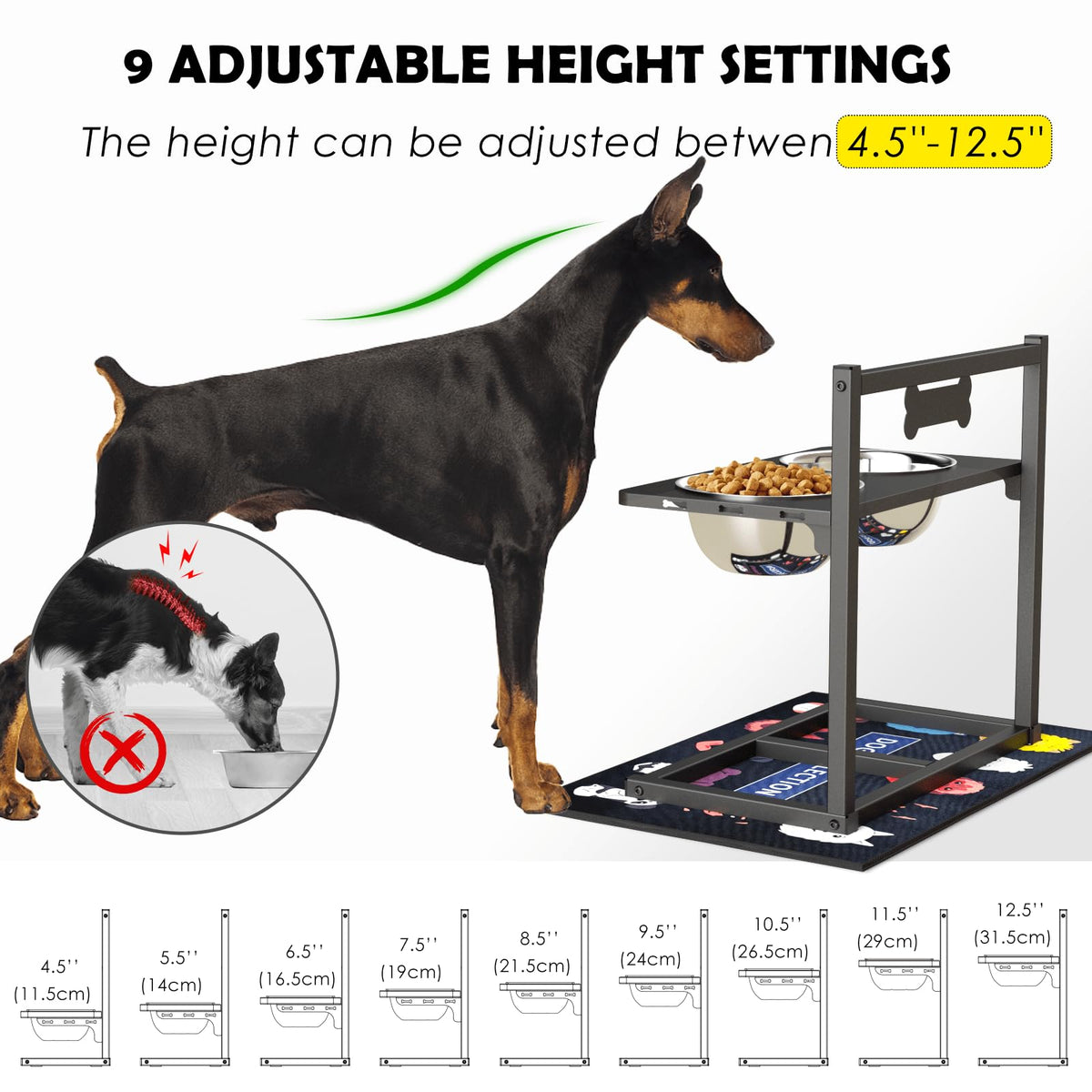 Height Adjustable Dog Bowl Stand with Stainless Steel Slow Feeder Bowls J724