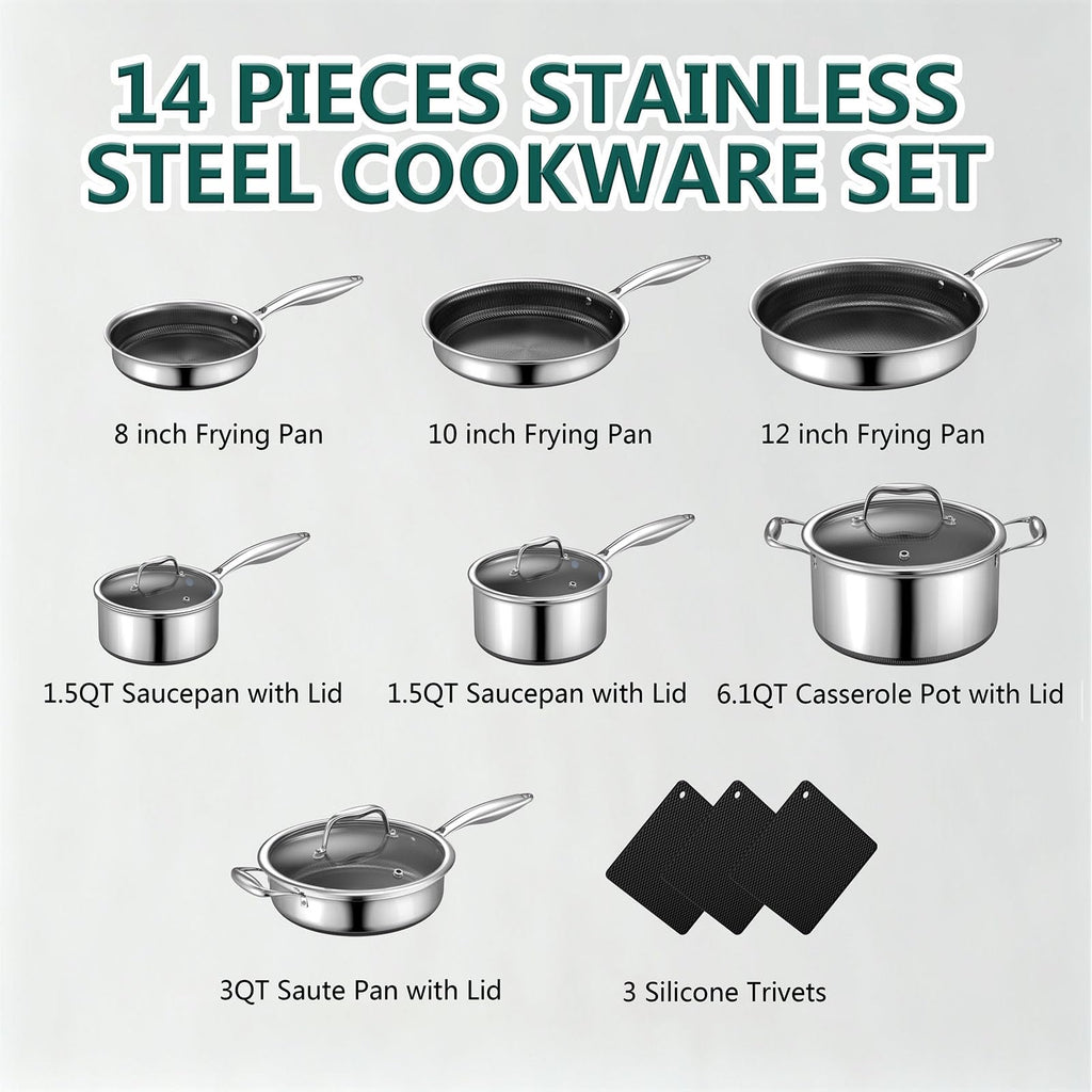 14-Piece Stainless Steel Cookware Set with 3 Silicone Trivets V4371
