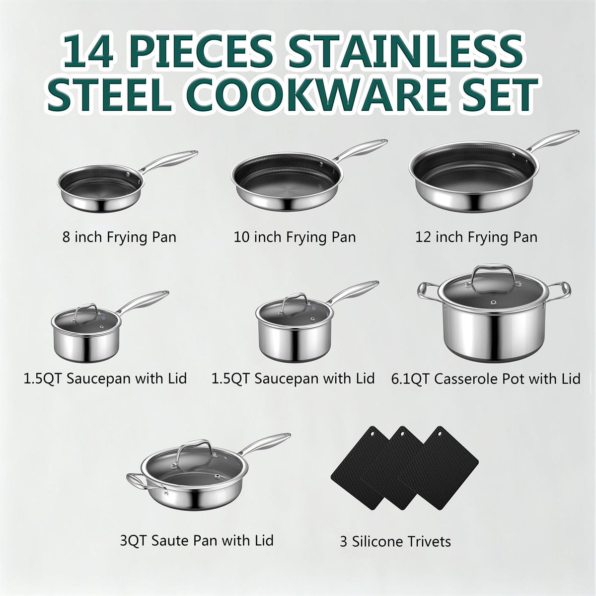 14-Piece Stainless Steel Cookware Set with 3 Silicone Trivets V4371