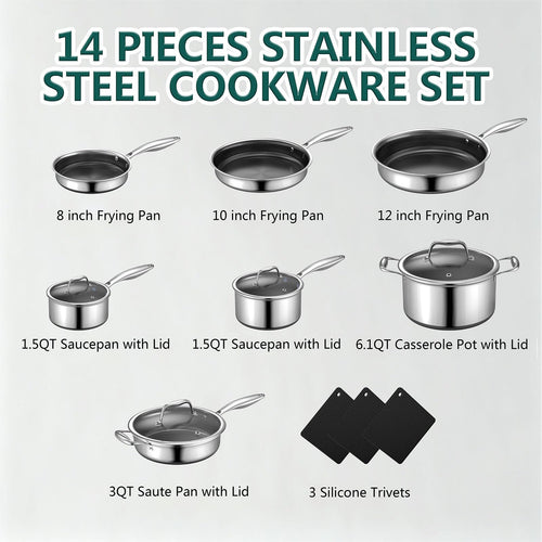 14-Piece Stainless Steel Cookware Set with 3 Silicone Trivets V4371