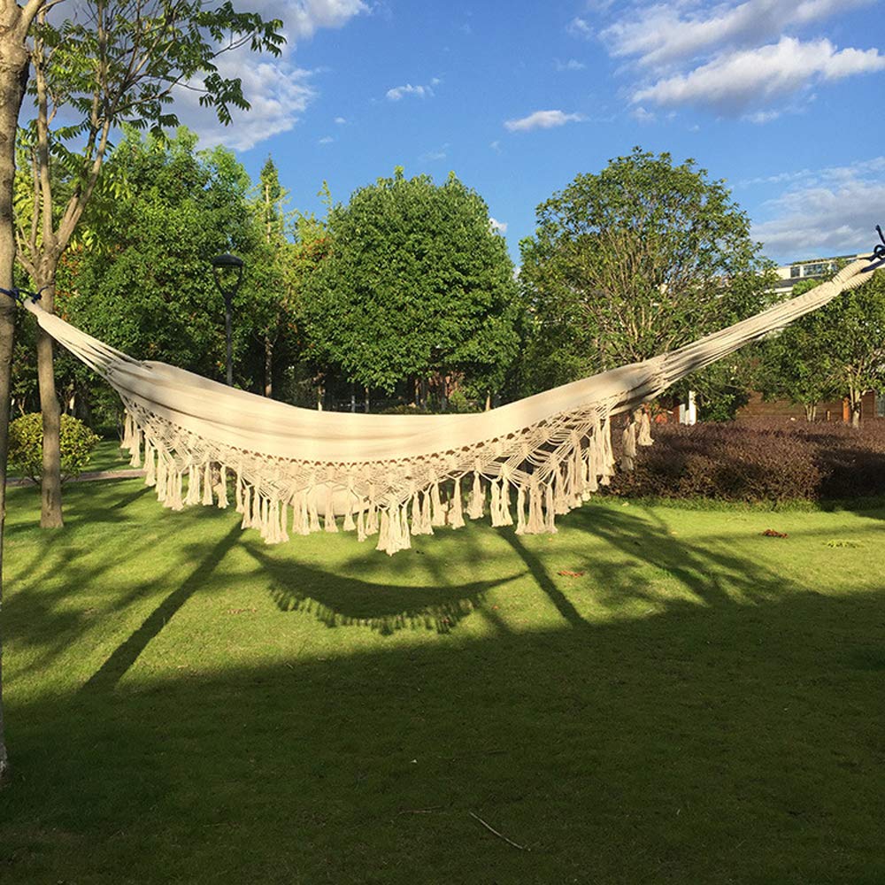 Cotton Woven Hammock Hanging Rope Chair with Crochet Fringe Natural White P36551