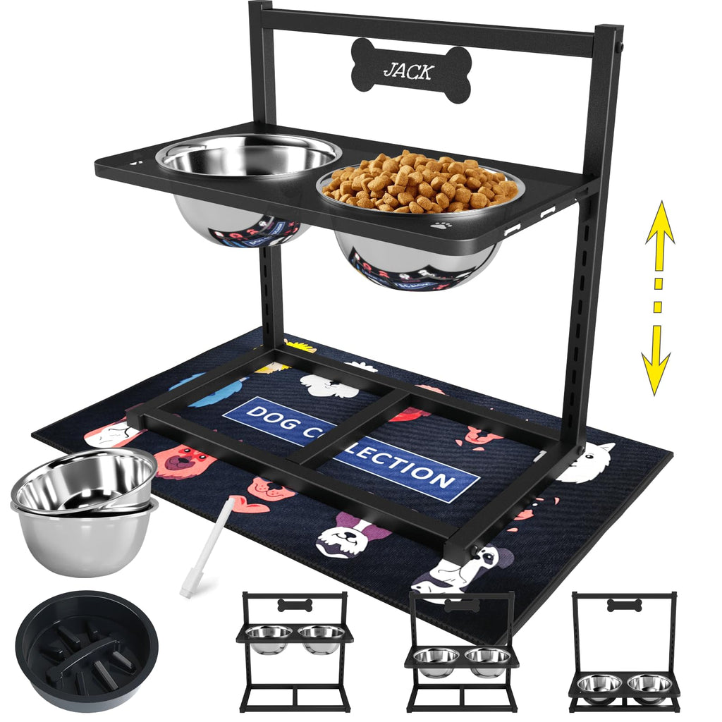 Height Adjustable Dog Bowl Stand with Stainless Steel Slow Feeder Bowls J724