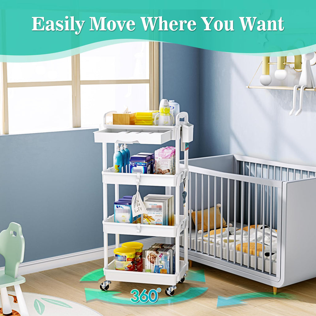 4 Tier Rolling Cart with Drawer, White D273