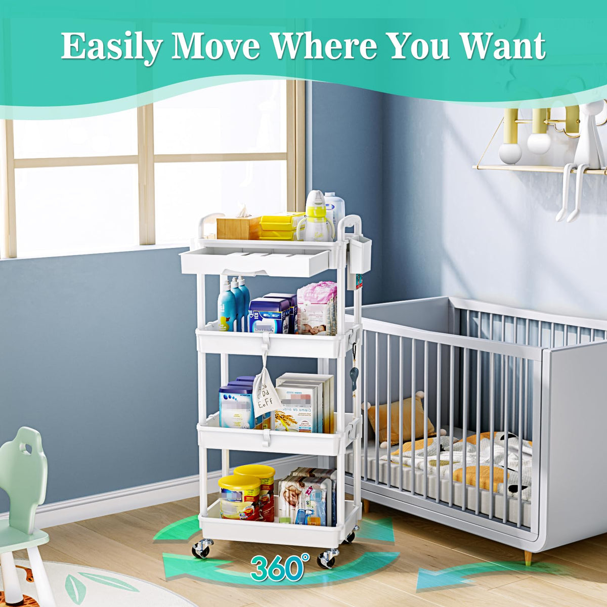4 Tier Rolling Cart with Drawer, White D273