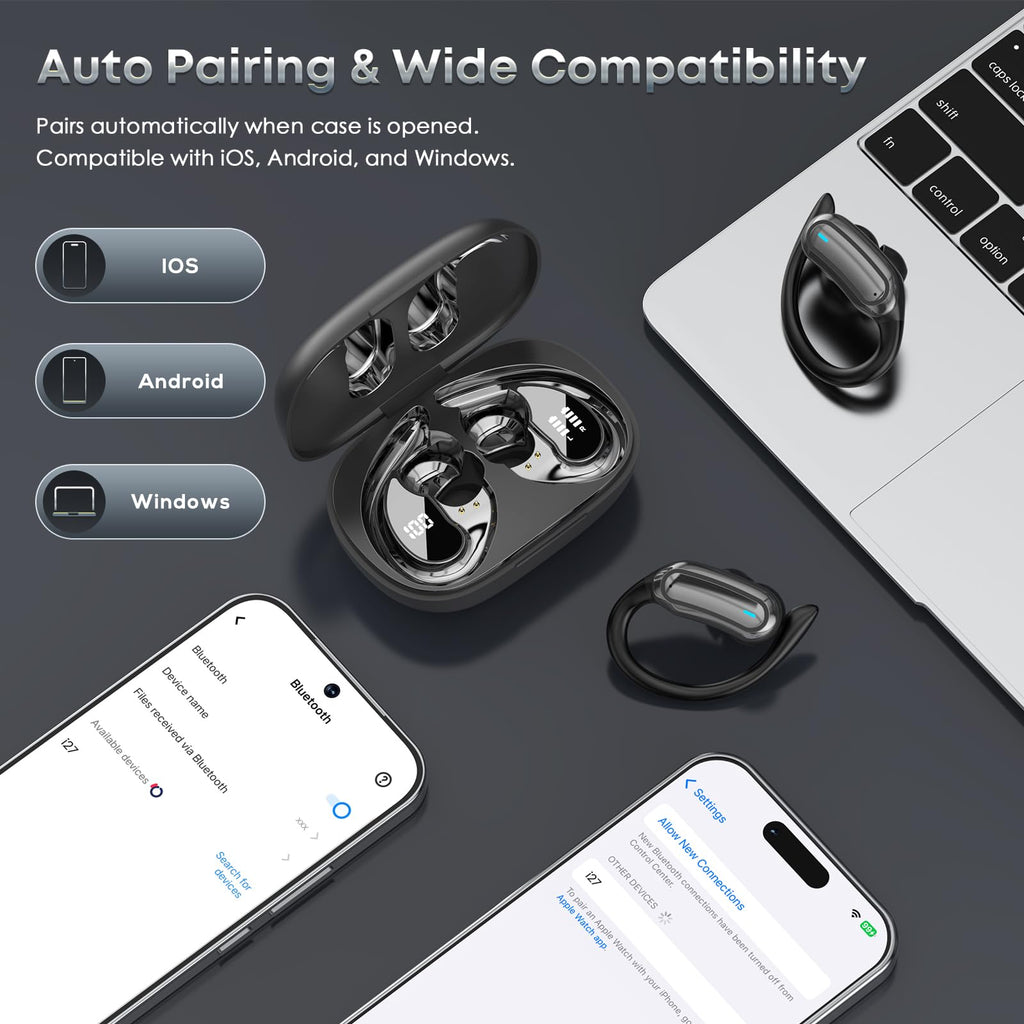 Black Wireless Earbuds with Earhooks E743