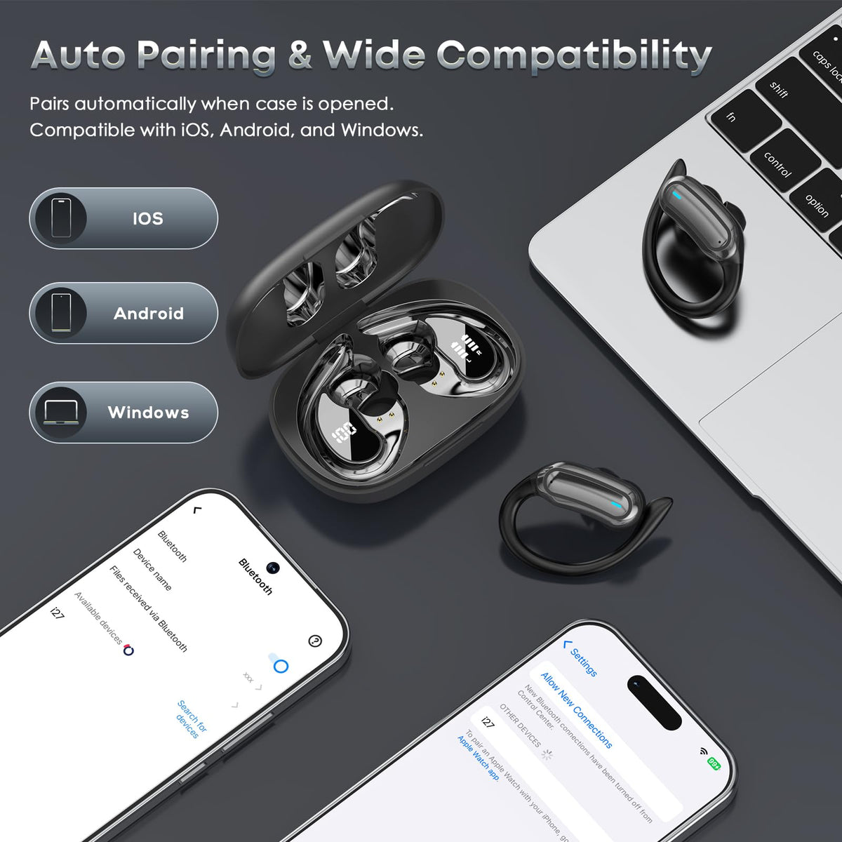 Black Wireless Earbuds with Earhooks E743