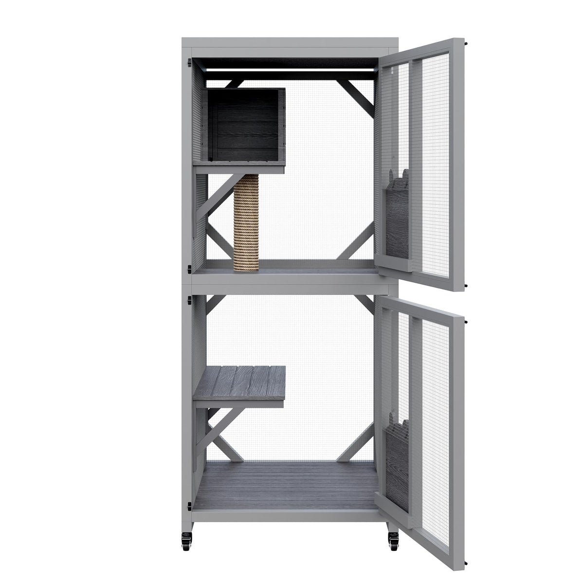 Wooden Outdoor Cat Enclosure on Wheels with Cat House V24215