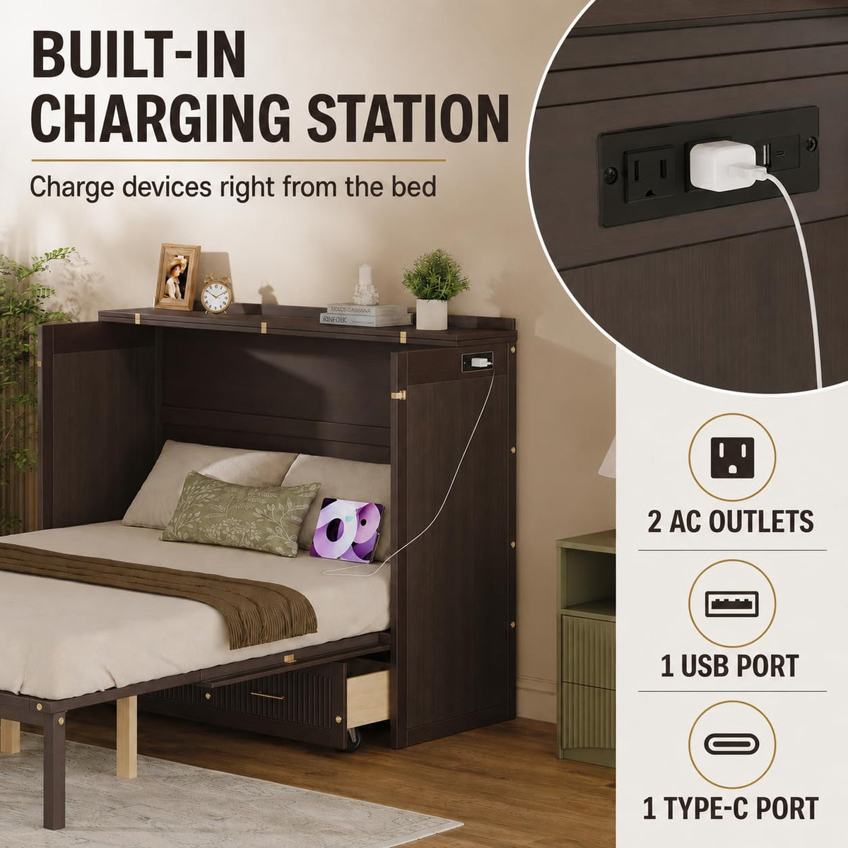 Queen Size Murphy Bed Cabinet with Charging Station and 3 Storage Drawers D584662
