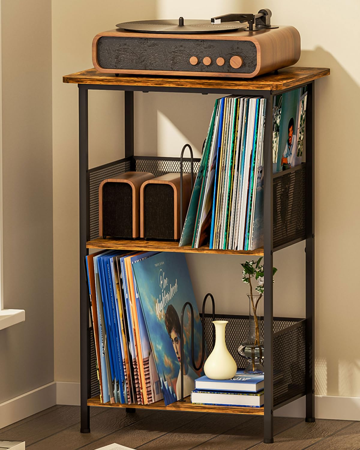 3 Tier Wooden Vinyl Record Storage Turntable Stand Q768475