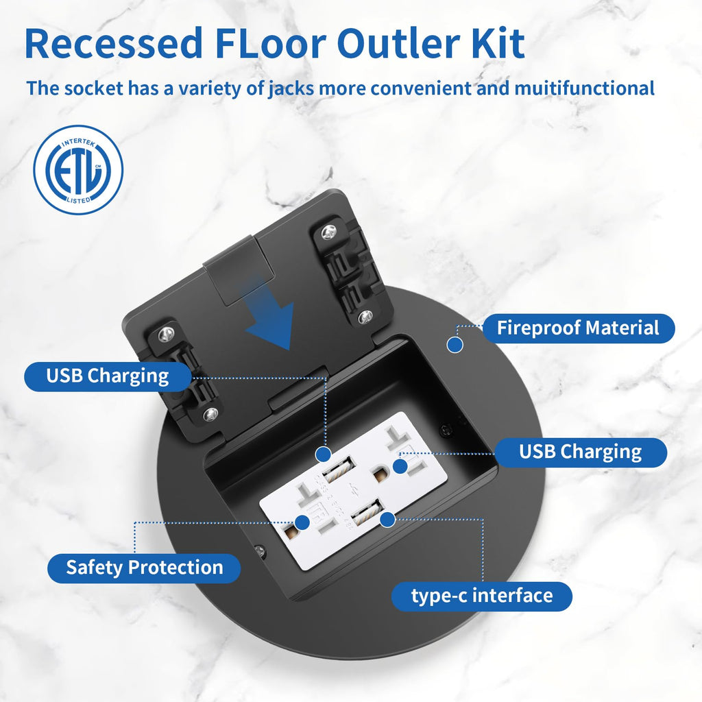 Recessed Floor Outlet Box 1-Gang with USB A Charging Port K5279
