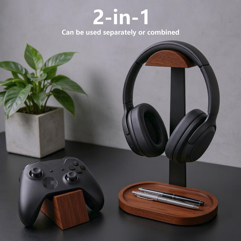 Wooden Headphone Stand with Storage Base W76596