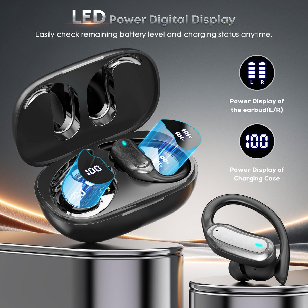 Black Wireless Earbuds with Earhooks E743