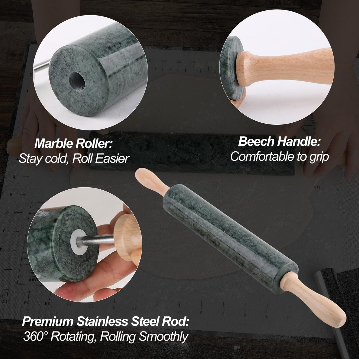 Natural Marble Rolling Pin with Mat and Scraper I279656