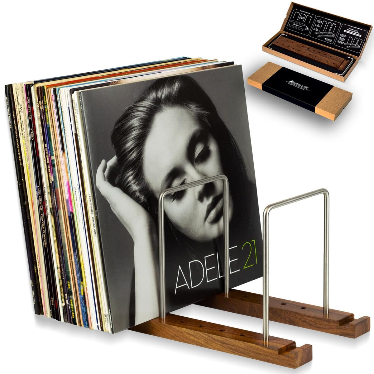 Vinyl Record Storage Holder, 75 LPs, Walnut & Steel R6462