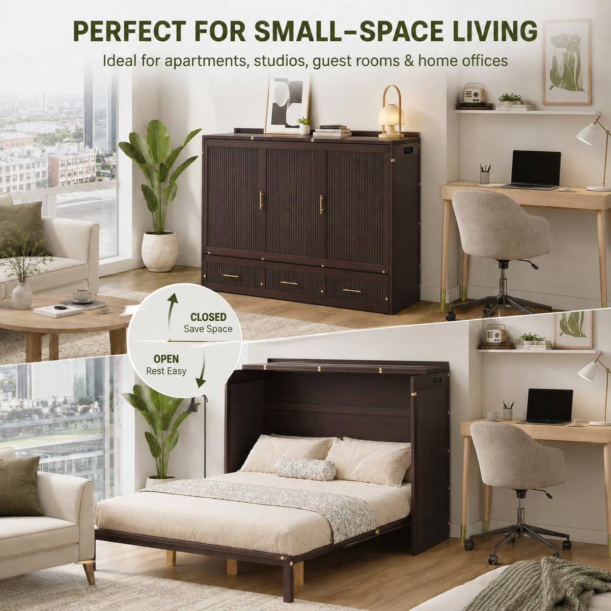 Queen Size Murphy Bed Cabinet with Charging Station and 3 Storage Drawers D584662