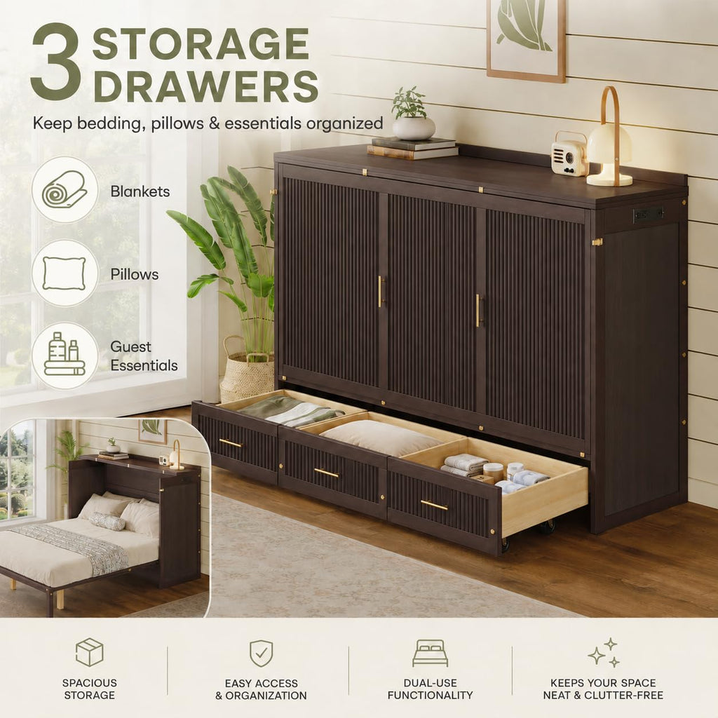 Queen Size Murphy Bed Cabinet with Charging Station and 3 Storage Drawers D584662