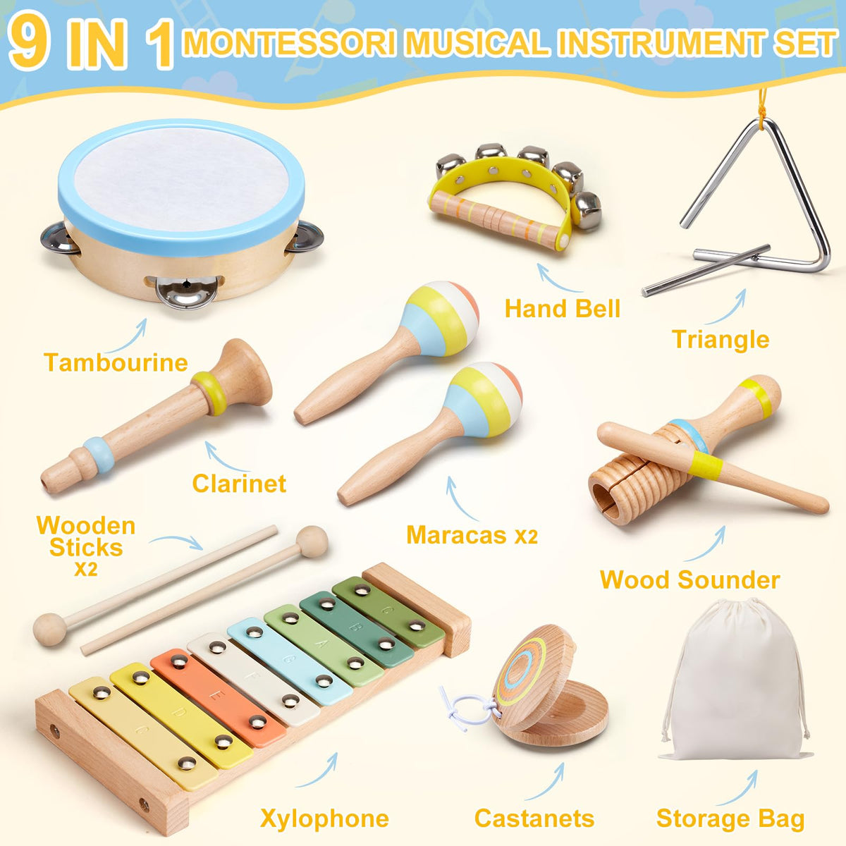 Wooden Percussion Music Kit with Drum, Xylophone, Storage Bag T133099