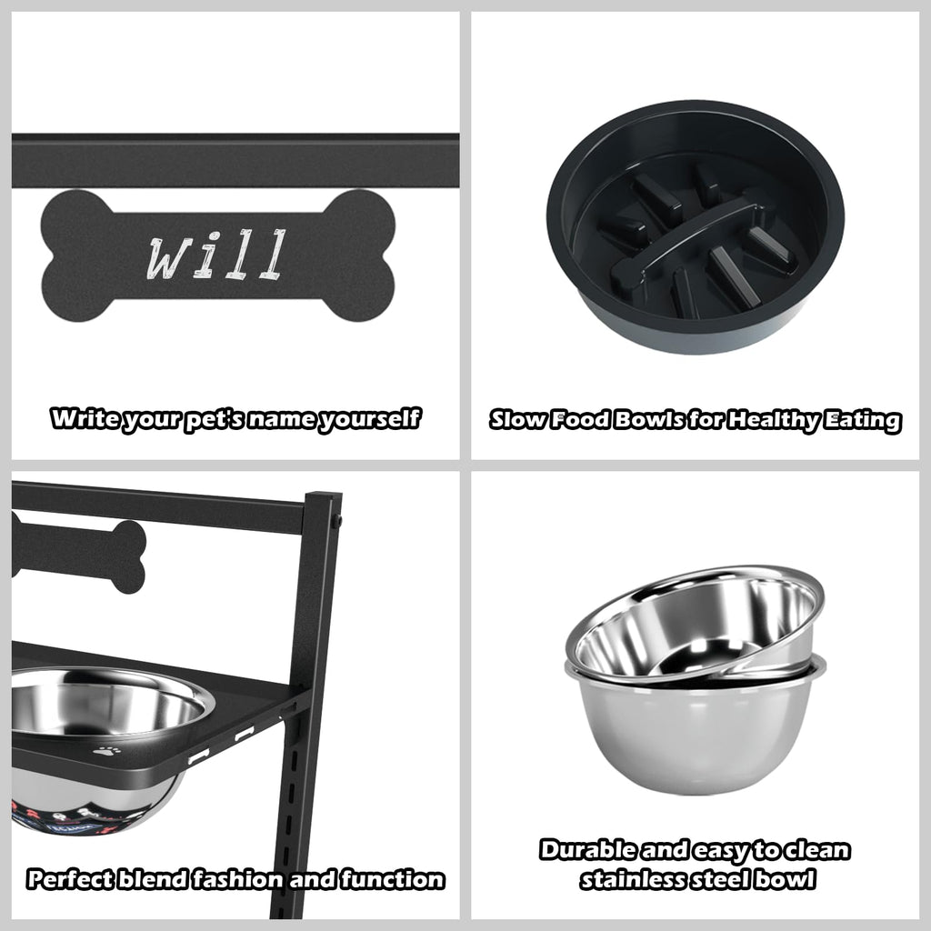 Height Adjustable Dog Bowl Stand with Stainless Steel Slow Feeder Bowls J724