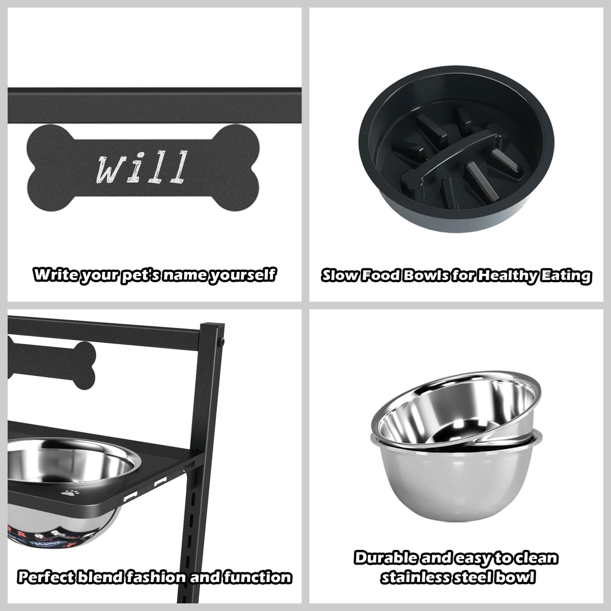 Height Adjustable Dog Bowl Stand with Stainless Steel Slow Feeder Bowls J724