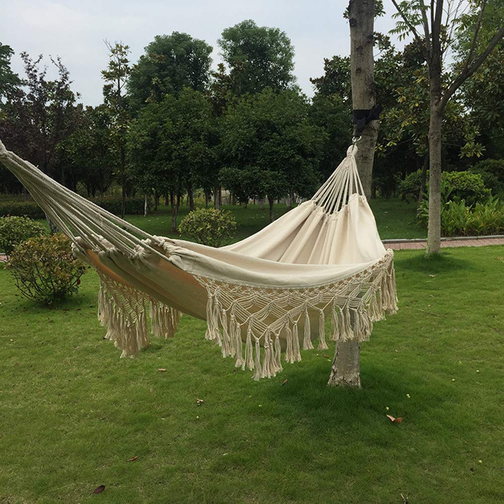 Cotton Woven Hammock Hanging Rope Chair with Crochet Fringe Natural White P36551