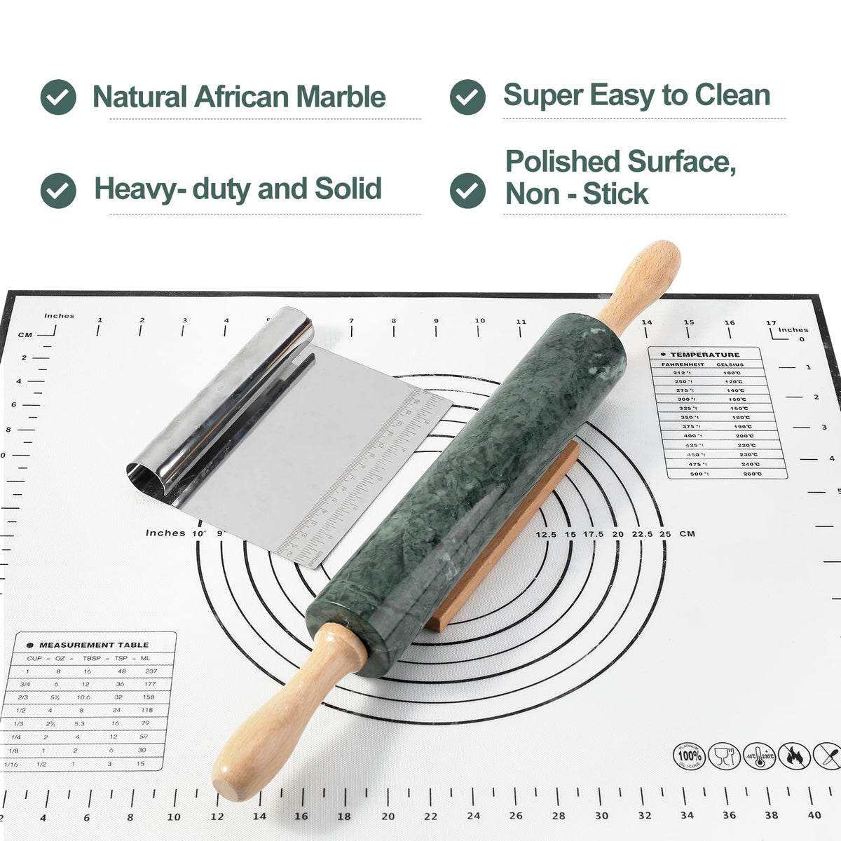 Natural Marble Rolling Pin with Mat and Scraper I279656
