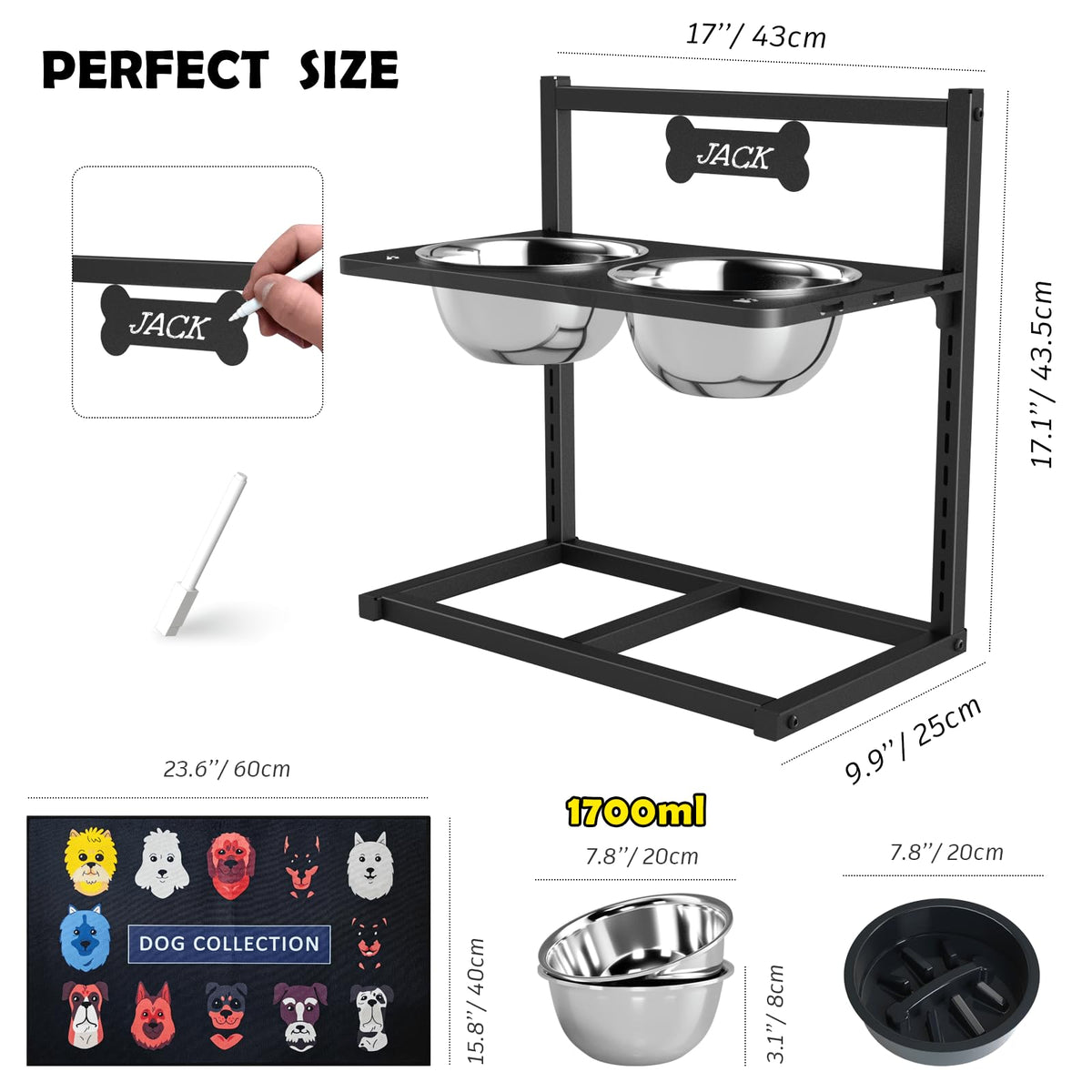 Height Adjustable Dog Bowl Stand with Stainless Steel Slow Feeder Bowls J724